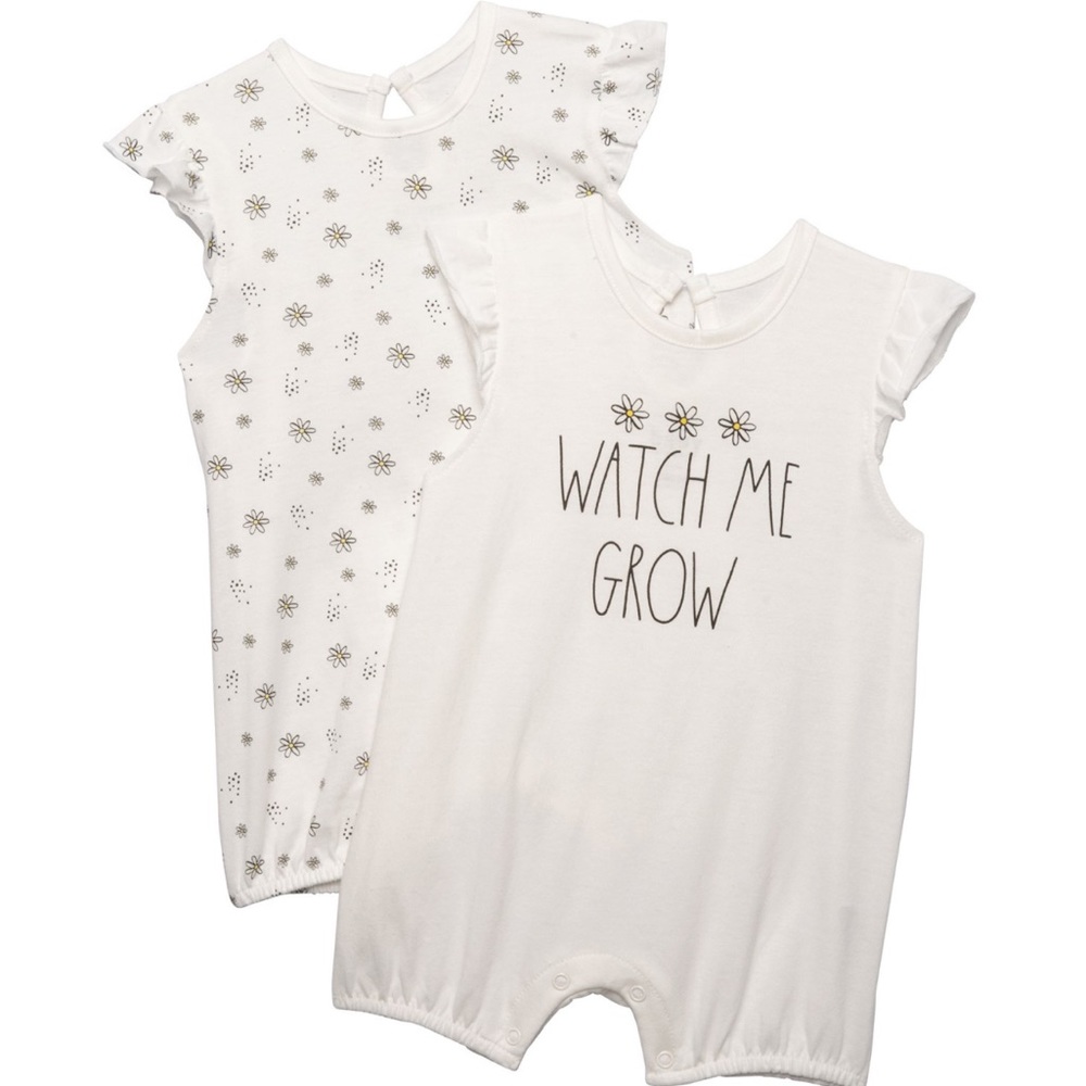 Rae Dunn Baby Watch Me Grow Daisy set of 2 baby rompers.